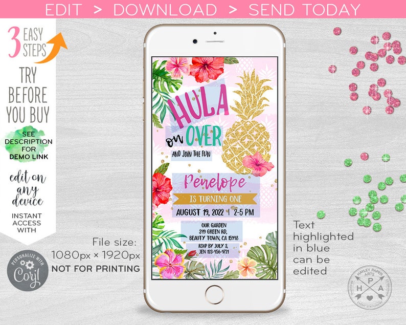 Hawaiian luau pineapple electronic birthday invitation any age tropical pool party smartphone e-vite digital. Selfediting. E187 01 187hpa image 2