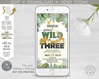 May include: A digital invitation for a child's third birthday party. The invitation features a jungle theme with a gold glitter design. The text on the invitation reads "Jonathan is Young Wild & Three".