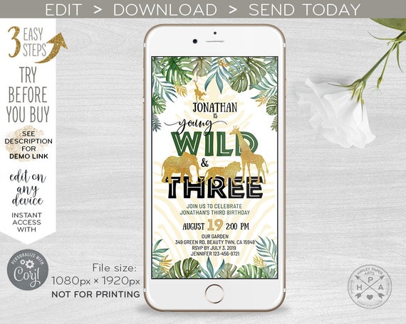 Jungle wild three electronic invitation gold safari animals birthday sms smartphone e-vite, digital online invite. 400HPA E040 11 040HPA Il_570xn