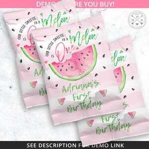 Melon fruit snacks bag, watermelon snacks treat bags, pouch, wrapper, one in a melon first birthday party editable template. 050HPA 37 A image 6