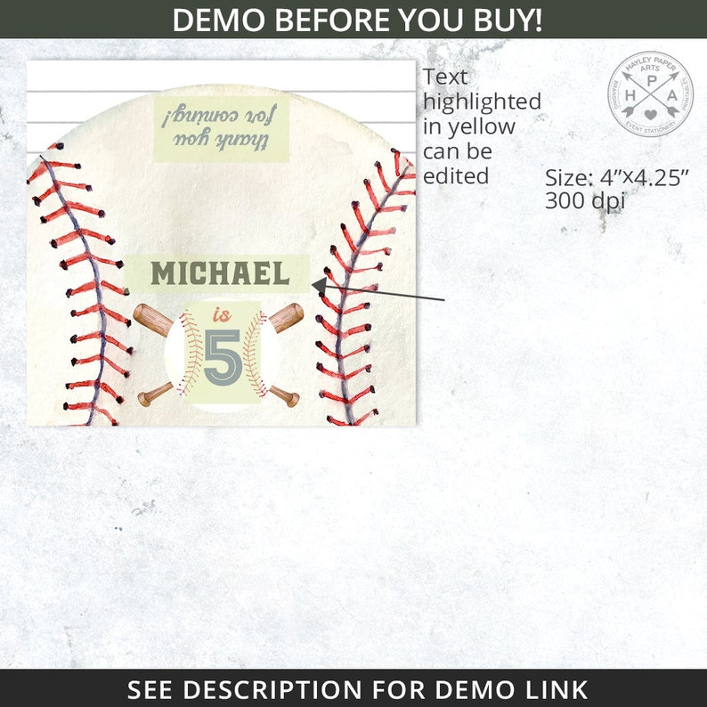 May include: A baseball-themed printable party favor tag with a baseball graphic and the text "MICHAEL is 5". The text "Thank you for coming!" is written in cursive on the top of the baseball graphic. The tag is 4 inches by 4.25 inches and 300 dpi.