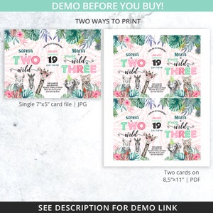 May include: Two printable birthday invitation designs for a child turning two or three. The invitations feature a pink and green zebra stripe background with jungle animals and tropical leaves. The text on the invitations reads "Sophia is Two Wild" and "Maria is Young Wild & Three".