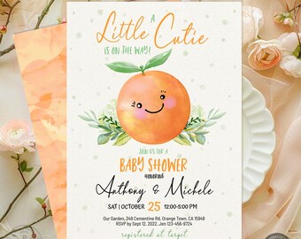 May include: Baby shower invitation with a watercolor orange illustration. The invitation reads "A Little Cutie is on the Way!" and includes event details for Anthony & Michele. The design features a smiling orange.