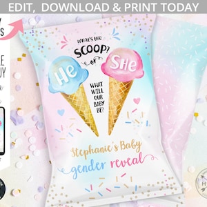 What&#39;s the scoop chips bag, baby gender reveal shower, pink blue ice cream icecream chip bags pack wrapper. Editable printable. 163HPA 30 A