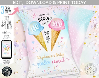 What's the scoop chips bag, baby gender reveal shower, pink blue ice cream icecream chip bags pack wrapper. Editable printable. 163HPA 30 A