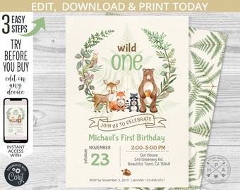 Woodland animals birthday invitation, wild one boy forest animals, ferns greenery animal party invitations. Editable printable. 092HPA 02