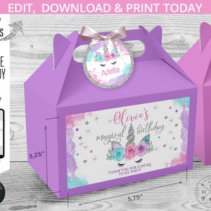 May include: Purple favor box with a unicorn design and the text "Olivia's magical birthday". The box is 5.75 inches wide and 3.25 inches tall.