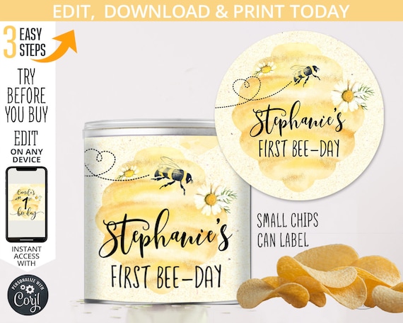Bee mini chips can label wrapper cover bumble hive bee-day birthday snacks party favor. Editable template. Instant download. 059HPA 35 A Il_570xn