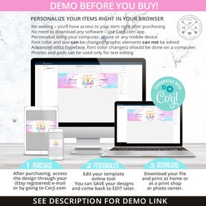 May include: A digital mockup showing how to personalize a printable baby shower banner with a unicorn and rainbow design. The banner is customizable using the Corjl.com app. The banner is shown on a computer, tablet, and phone screen.