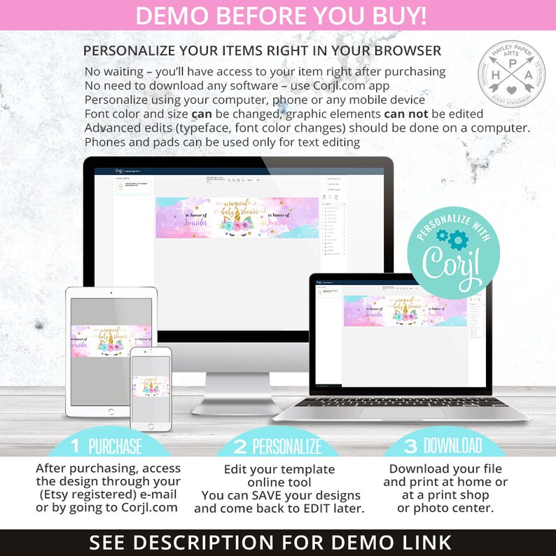 May include: A digital mockup showing how to personalize a printable baby shower banner with a unicorn and rainbow design. The banner is customizable using the Corjl.com app. The banner is shown on a computer, tablet, and phone screen.