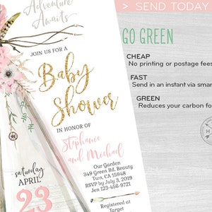 May include: A pink and gold baby shower invitation with a teepee design and floral accents. The invitation reads "Join us for a Baby Shower in honor of Stephanie and Michael, Saturday, April 23".