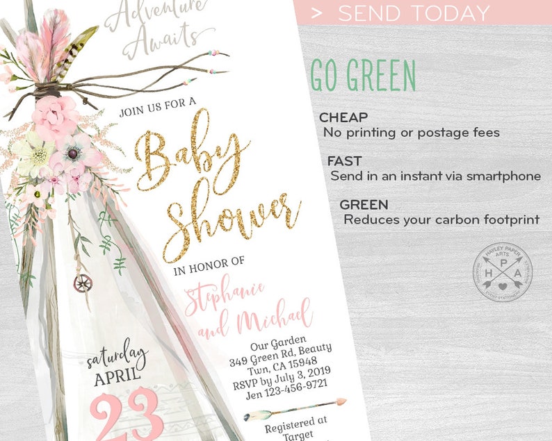 May include: A pink and gold baby shower invitation with a teepee design and floral accents. The invitation reads "Join us for a Baby Shower in honor of Stephanie and Michael, Saturday, April 23".