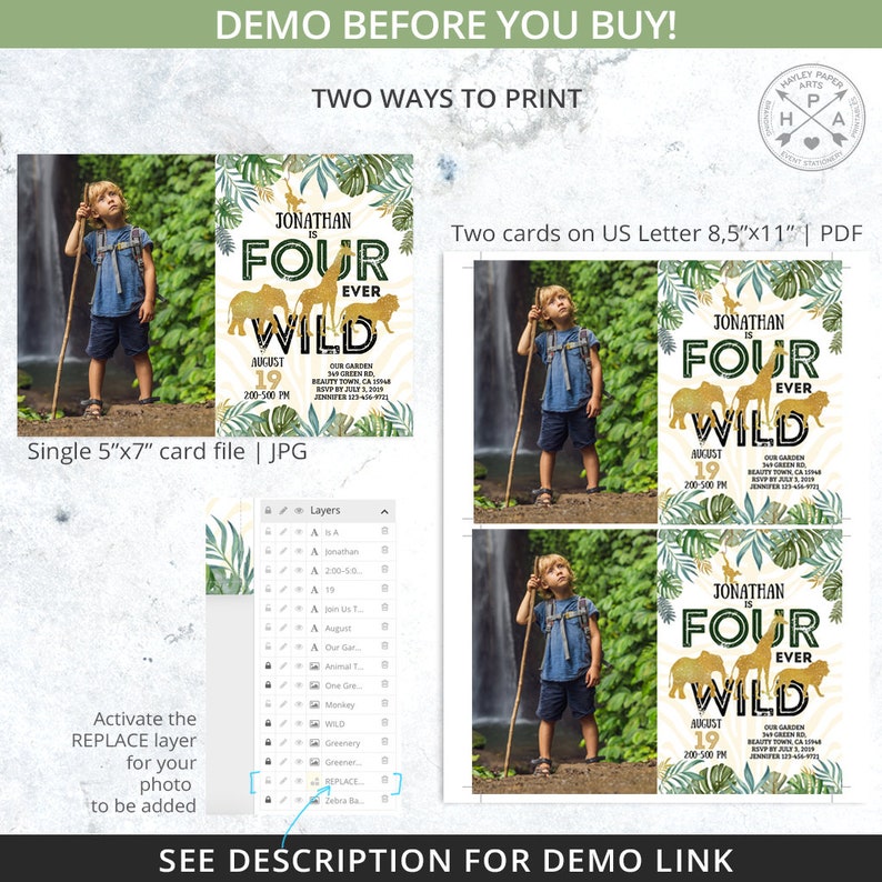 Jungle FOUR ever WILD gold birthday invitation safari photo boy fourth 4th party animals elephant. Printable template. Editable. 040HPA 22 image 4