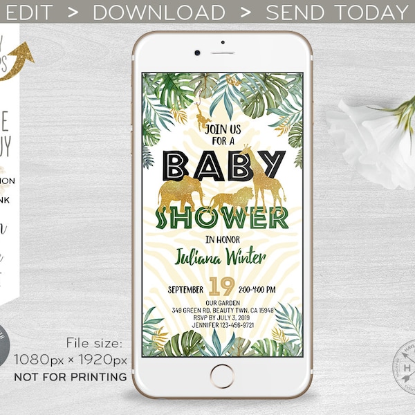 Jungle baby shower electronic invitation gold safari animals smartphone e-vite, digital invite Instant download. 400HPA E042 01 042HPA