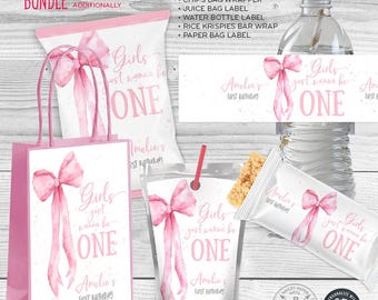 Coquette pink bow 1st birthday bundle, girls wanna be ONE, whimsical chips bag juice water bottle labels Editable printables. 270HPA 42
