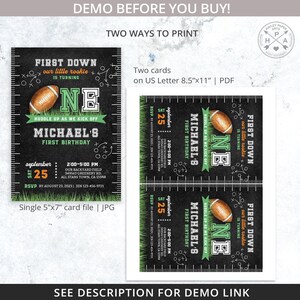 Peut inclure: Une invitation imprimable pour une f&ecirc;te de premier anniversaire sur le th&egrave;me du football am&eacute;ricain. L'invitation est noire avec des accents verts et orange et pr&eacute;sente un ballon de football et le texte "First Down" et "Michael's First Birthday".