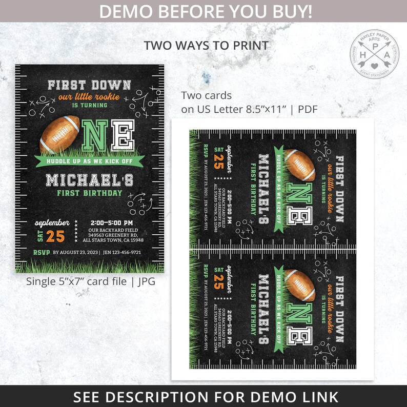 Peut inclure: Une invitation imprimable pour une f&ecirc;te de premier anniversaire sur le th&egrave;me du football am&eacute;ricain. L'invitation est noire avec des accents verts et orange et pr&eacute;sente un ballon de football et le texte "First Down" et "Michael's First Birthday".