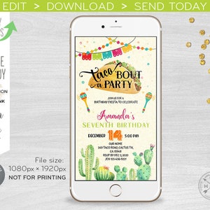 Taco bout electronic birthday party invitation any age fiesta. Let&#39;s taco &#39;bout. Smartphone e-vite digital invite. 400HPA E116 01 116HPA