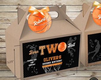 Basketball gable gift box labels. Born two ball. Handle favor takeway box stickers. Sports rookie party favors. Editable label. 252HPA 22 A