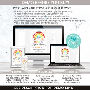 May include: A digital invitation template for a twin's birthday party. The invitation features a rainbow with clouds and two girls' faces. The text on the invitation reads "Rainbow of Fun, Stephanie & Pauline are turning 5".