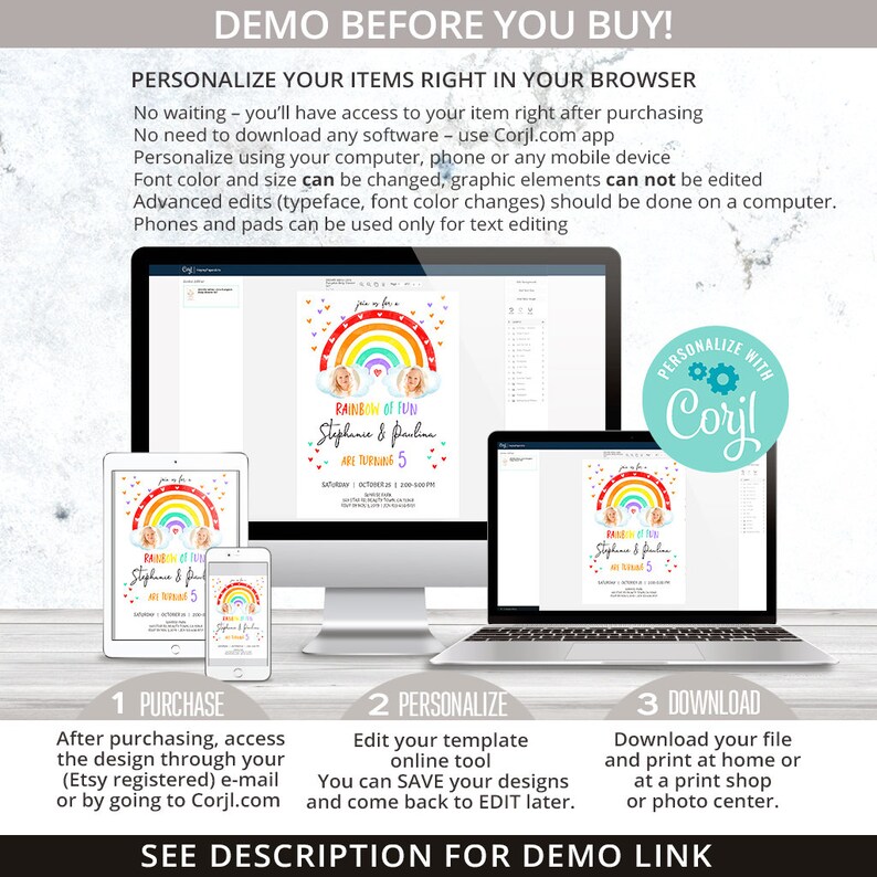 May include: A digital invitation template for a twin's birthday party. The invitation features a rainbow with clouds and two girls' faces. The text on the invitation reads "Rainbow of Fun, Stephanie & Pauline are turning 5".