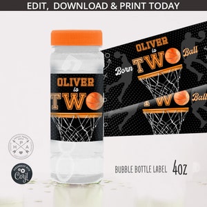Basketbal bubble fles label geboren TWEE bal tweede verjaardag sportspellen jongen feestbedankje all stars. Bewerkbaar afdrukbaar. 252 HPA 11 A