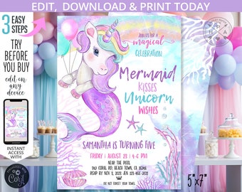May include: A printable invitation for a mermaid and unicorn themed birthday party. The invitation features a purple and blue mermaid unicorn with a rainbow mane and tail. The text on the invitation reads "Join us for a magical celebration Mermaid Kisses Unicorn Wishes Samantha is turning five Friday August 23 4-6 PM Near the pool 349 Coral Rd, Beach Town, CA 15948 RSVP by Nov 3, 2023 Jen 123-456-9721 Do not forget your towel 5"x7"