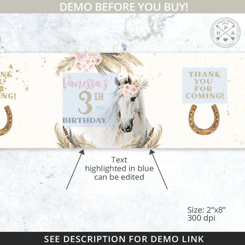 Op de afbeelding: Een printbare banner voor een 3e verjaardag met een wit paard, roze bloemen en gouden glitter. De banner zegt "Vanessa's 3rd Birthday" en "Thank You For Coming!" met een hoefijzer aan elke kant.