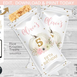 Pumpkin rice krispies treats wrapper label any age birthday pink fall favors rice crispy krispy girl. Self editable template 083HPA 25 E