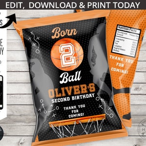 Basketball born 2 ball chips bag label second birthday 2nd party ball sports game time favor pack wrapper. Editable printable. 252HPA 30 B