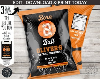 Basketbal born 2 ballenchips taslabel tweede verjaardag 2e feest balsporten speeltijd bedankje verpakking. Bewerkbaar afdrukbaar. 252 HPA 30 B