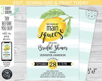 May include: A light blue and white striped bridal shower invitation with a watercolor lemon illustration. The text reads "She found her main squeeze" and "Join us for a Bridal Shower honoring Jennifer Jameson". The date is September 28th, 6-10 PM. The invitation is 5" x 7".