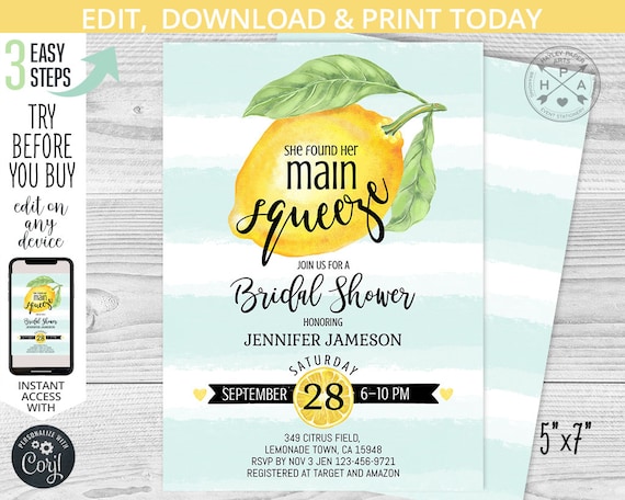 Citrus Lemon bridal shower invitation She found her main squeeze yellow mint party invite invitations. Printable editable template 029HPA 01 Il_570xn