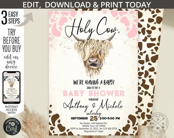 May include: A pink and brown baby shower invitation with a cartoon highland cow and the text "Holy Cow! We're having a baby! Join us for a baby shower honoring Anthony & Michele. September 25, 2:00-5:00 PM. Our Garden, 349 Highland Rd. Wildlife Town, CA 15948. RSVP by September 12, 2022, Jen 123-456-9724. Registered at Target."
