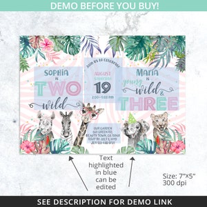 May include: A pink and blue invitation with a zebra print background. The invitation is for a birthday party for Sophia turning two and Maria turning three. The text says "Sophia is Two Wild" and "Maria is Young Wild & Three". The invitation also includes a date and time for the party, as well as the location and RSVP information.