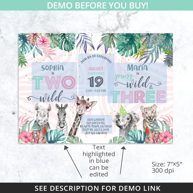 May include: A pink and blue invitation with a zebra print background. The invitation is for a birthday party for Sophia turning two and Maria turning three. The text says "Sophia is Two Wild" and "Maria is Young Wild & Three". The invitation also includes a date and time for the party, as well as the location and RSVP information.