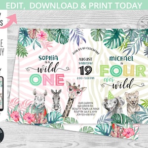 May include: Two printable invitations for a birthday party. The left invitation is pink and green with a zebra print background and says "Sophia is wild one". The right invitation is green and yellow with a zebra print background and says "Michael is four ever wild".