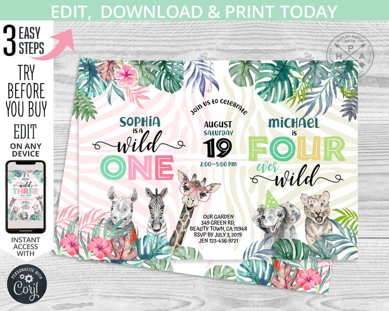 May include: Two printable invitations for a birthday party. The left invitation is pink and green with a zebra print background and says "Sophia is wild one". The right invitation is green and yellow with a zebra print background and says "Michael is four ever wild".