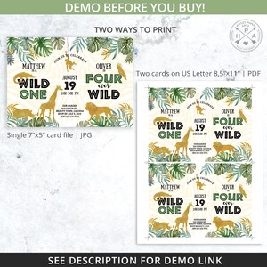 Puede incluir: Dos invitaciones de cumplea&ntilde;os imprimibles con tem&aacute;tica de selva para el primer y cuarto cumplea&ntilde;os de un ni&ntilde;o. Las invitaciones presentan un esquema de color dorado y verde con un tema de animales de la selva. El texto en las invitaciones dice "Matthew is a Wild One" y "Oliver is Four Ever Wild".
