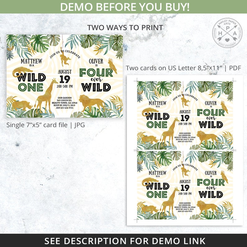 Puede incluir: Dos invitaciones de cumplea&ntilde;os imprimibles con tem&aacute;tica de selva para el primer y cuarto cumplea&ntilde;os de un ni&ntilde;o. Las invitaciones presentan un esquema de color dorado y verde con un tema de animales de la selva. El texto en las invitaciones dice "Matthew is a Wild One" y "Oliver is Four Ever Wild".