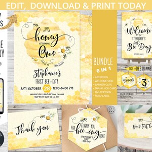 May include: A printable honey bee-themed first birthday party bundle with a welcome sign, invitation, thank you card, banner clips, tag polygon, and food label. The design features a yellow honeycomb pattern with a bee and flowers.