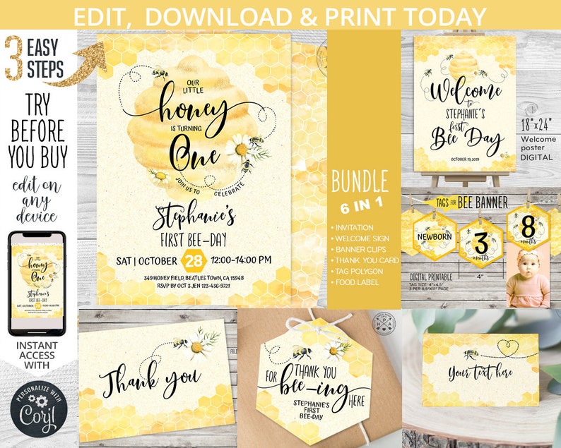 May include: A printable honey bee-themed first birthday party bundle with a welcome sign, invitation, thank you card, banner clips, tag polygon, and food label. The design features a yellow honeycomb pattern with a bee and flowers.