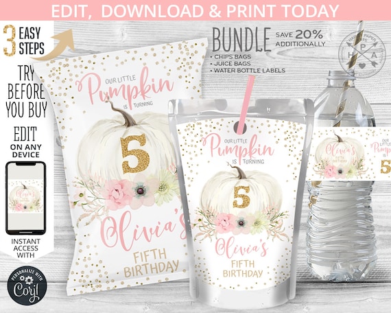 BUNDLE Pumpkin chips and juice bag, snacks treat bags, pink water bottle label, chips pouch, favors, any age. Editable template. 083HPA 30 Il_570xn