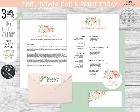 EDITABLE Sorority recruitment packet. MIDI pack. Resume cover letter sticker. Bohemian florals. Instant download. Edited by you. SOR027 B Il_570xn