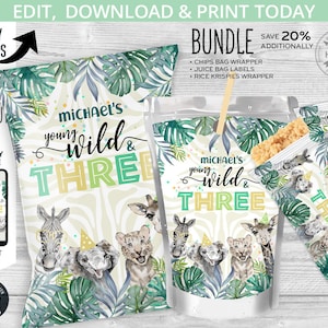 May include: Printable party favor bag labels featuring a jungle theme with a zebra, giraffe, elephant, and lion. The labels say "Michael's Young Wild & Three".