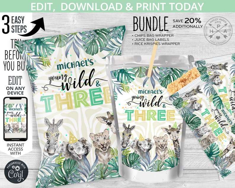 May include: Printable party favor bag labels featuring a jungle theme with a zebra, giraffe, elephant, and lion. The labels say "Michael's Young Wild & Three".