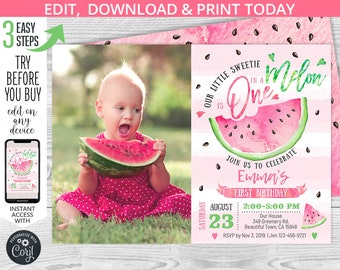 One in a melon birthday invitation watermelon pink first 1st b-day photo girl summer party invite invitations. Editable template. 050HPA 02