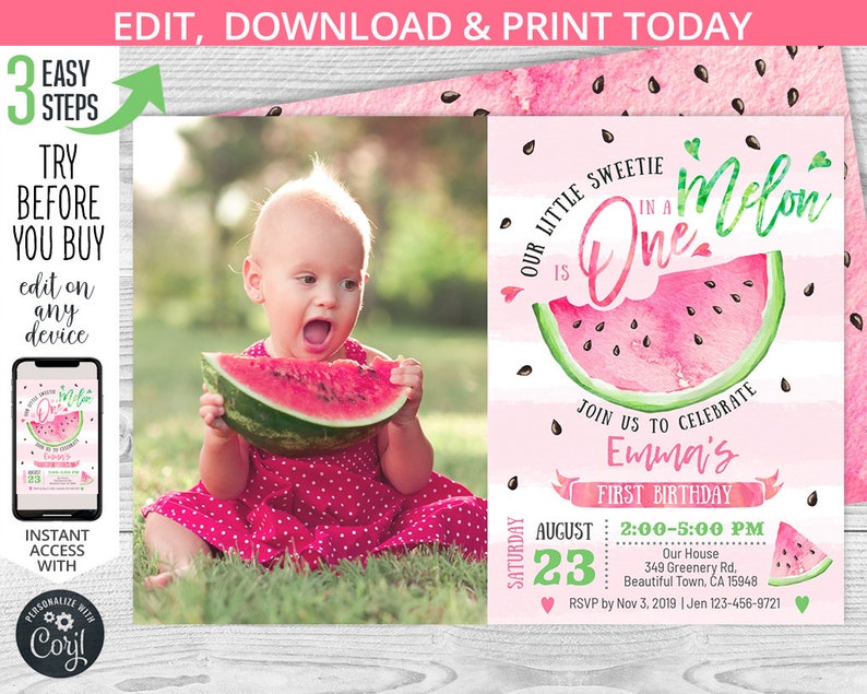 Download One in a melon birthday invitation watermelon pink first ...