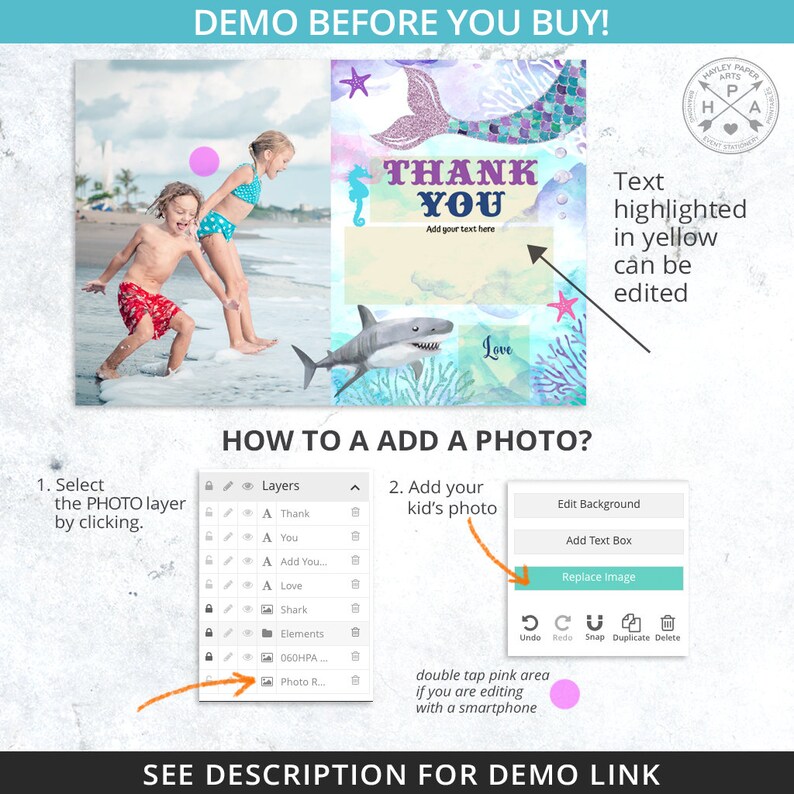 May include: A digital printable thank you card with a mermaid tail, shark, and starfish. The card has a pink, blue, and green watercolor background. The text "Thank You" is in a yellow box. The text "Add your text here" is below the yellow box. The text "Love" is in the bottom right corner of the card. The card is designed for a child's birthday party.