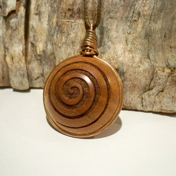 Wooden pendant. walnut wood, copper ring, Made to order, wood necklace, spiral symbol, spiral pendant, personalized, for her, for him